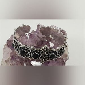 Southwest Mexico 925 Sterling Silver Onyx Cuff Vintage Bracelet